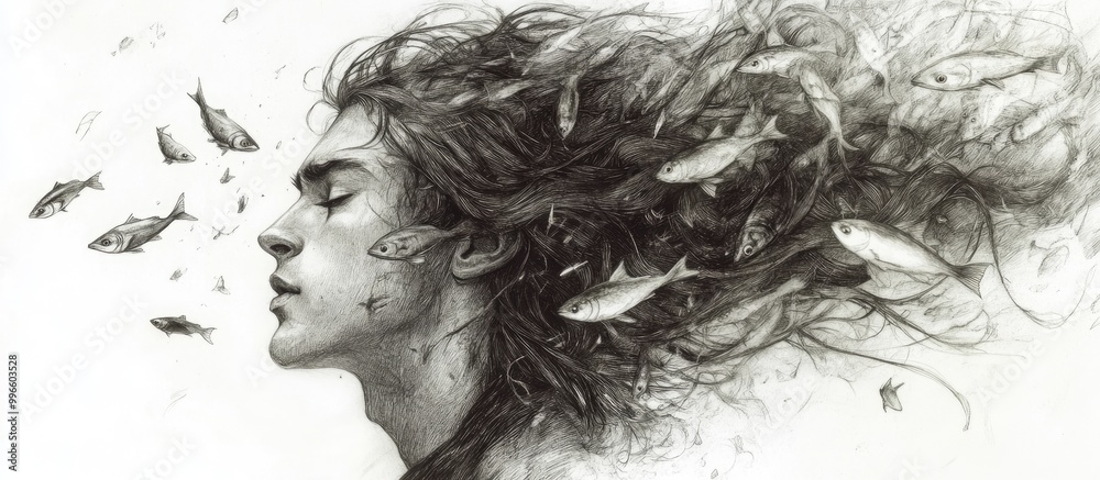 Surreal portrait of a man with long hair created using pencil and ink featuring flying fish in a whimsical illustration style Surreal portrait of a man with long hair created using pencil and ink featuring flying fish in a whimsical illustration style