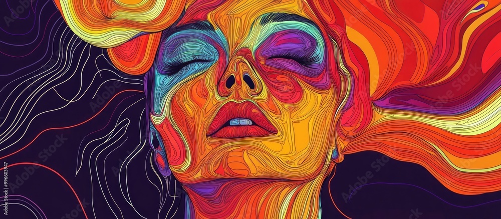 Vibrant portrait in continuous line art featuring a psychedelic abstract surreal style ideal for fashion design icons festival themes and printed materials Vibrant portrait in continuous line art featuring a psychedelic abstract surreal style ideal for fashion design icons festival themes and printed materials