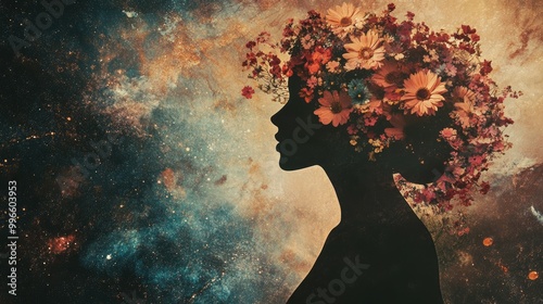 Bohemian surreal art featuring a female silhouette adorned with flowers Conceptual design elements of philosophy astrology esotericism and cosmic themes