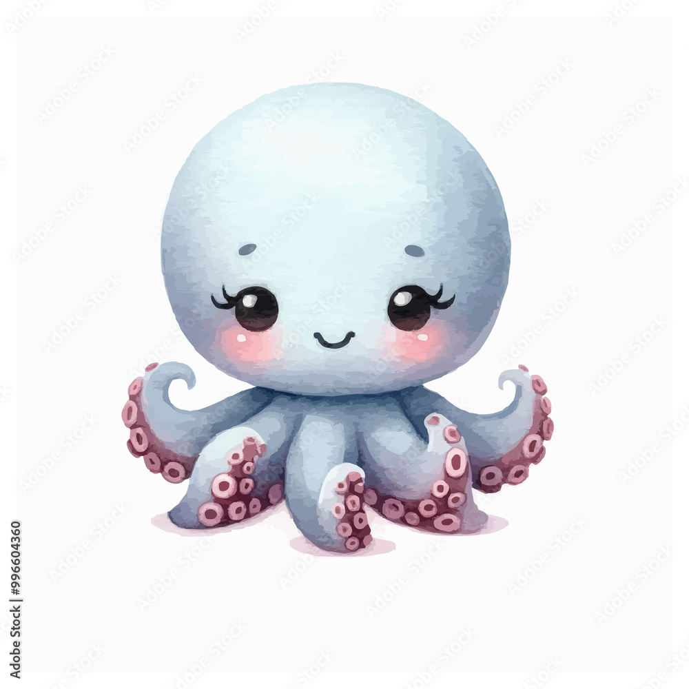 Cute Octopus Watercolor Illustration on White Background Cute Octopus Watercolor Illustration on White Background
