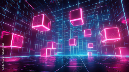 Neon glowing cubes float above retro grid in vibrant digital space, creating mesmerizing and futuristic atmosphere. interplay of colors evokes sense of wonder and excitement