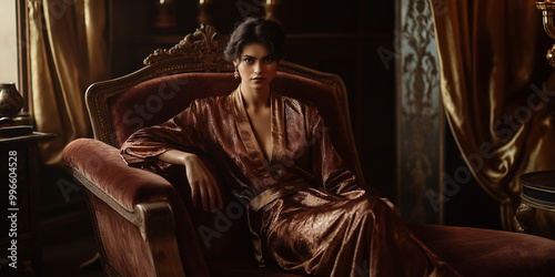 Model in Silk Robe on Chaise Longue photo