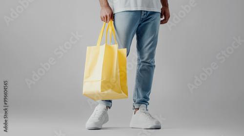 A person carrying a yellow shopping bag, dressed in light jeans and white sneakers, stands against a neutral gray background.