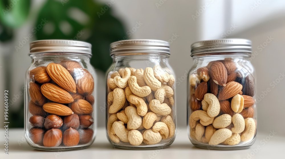 Three glass jars filled with almonds, cashews, and mixed nuts are neatly arranged on a table, with a blurred green plant in the background. Three glass jars filled with almonds, cashews, and mixed nuts are neatly arranged on a table, with a blurred green plant in the background.