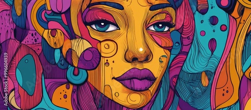 Abstract portrait of a girl or woman featuring surrealistic doodle style faces enhanced with colorful shapes and elements Hand drawn illustration of a female figure