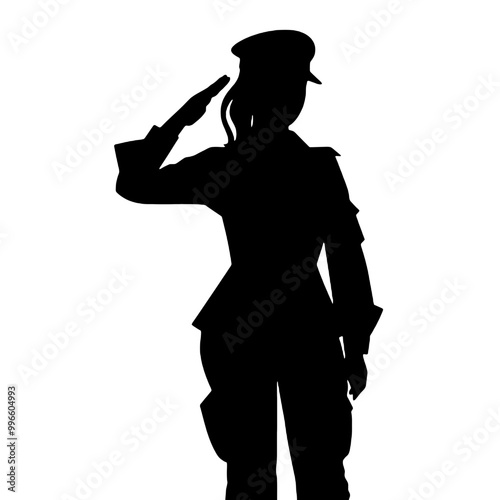 Woman in Military Uniform Saluting Silhouette Isolated on White Background – Vector Illustration