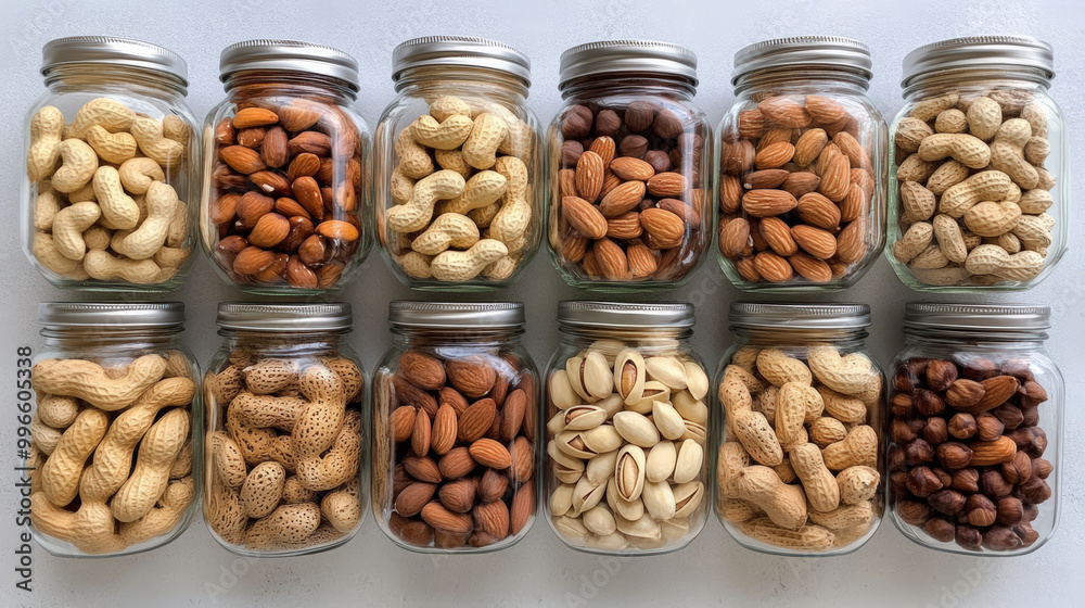 A neatly arranged collection of 12 jars filled with various nuts, including almonds, hazelnuts, pistachios, and peanuts, displayed on a white surface. A neatly arranged collection of 12 jars filled with various nuts, including almonds, hazelnuts, pistachios, and peanuts, displayed on a white surface.