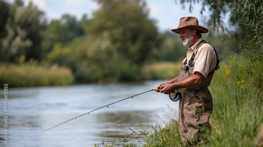 36. A fisherman demonstrating traditional casting techniques on a riverbank 36. A fisherman demonstrating traditional casting techniques on a riverbank