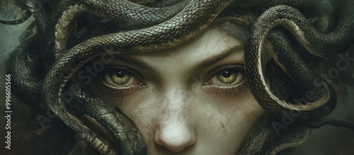 Artwork depicting Medusa with serpentine hair known for the legend that looking into her eyes can petrify beholders