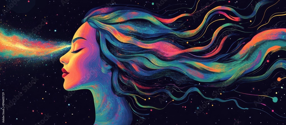 Mystical woman with a starry night sky in her hair Cosmic figure representing alchemy and fantasy Conceptual bohemian esoteric illustration Mystical woman with a starry night sky in her hair Cosmic figure representing alchemy and fantasy Conceptual bohemian esoteric illustration