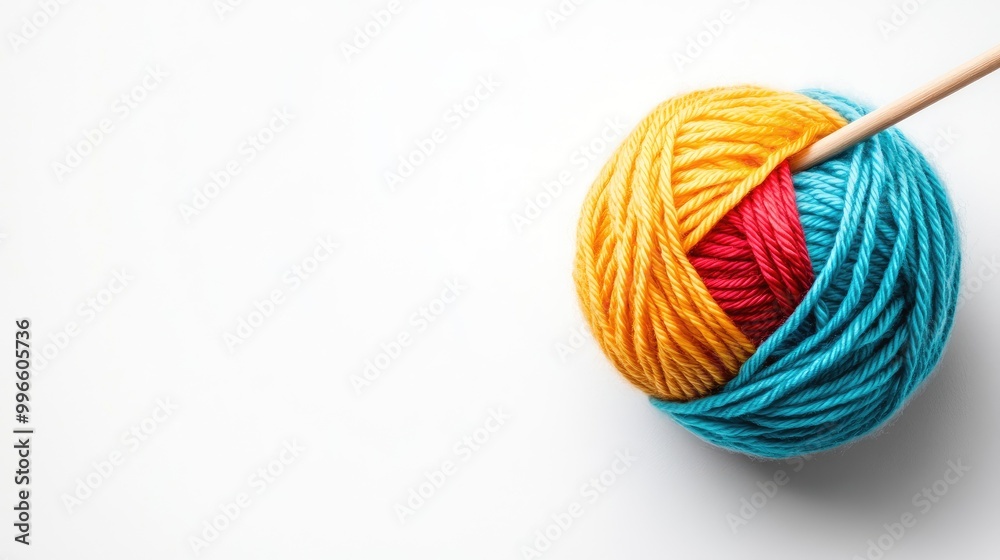 A vibrant yarn ball with orange, red, and blue colors, perfect for knitting and crafting projects on a clean white background. A vibrant yarn ball with orange, red, and blue colors, perfect for knitting and crafting projects on a clean white background.