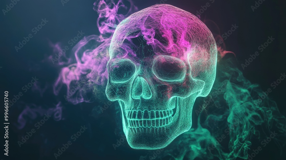 A vibrant, translucent skull surrounded by colorful smoke, perfect for Halloween or artistic design projects. A vibrant, translucent skull surrounded by colorful smoke, perfect for Halloween or artistic design projects.