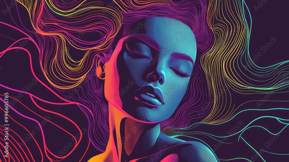 Abstract portrait of a woman in modern line art style Vibrant print design featuring a beautiful female silhouette Embraces contemporary and surrealistic artistic elements Abstract portrait of a woman in modern line art style Vibrant print design featuring a beautiful female silhouette Embraces contemporary and surrealistic artistic elements