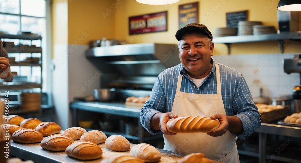 Happy middleaged Hispanic baker in a bakery making bread