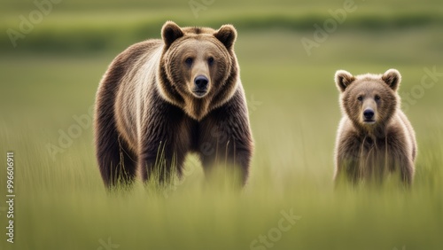 Two brown bears one adult male with hump and darker face walk through a green meadow alongside a younger cub.