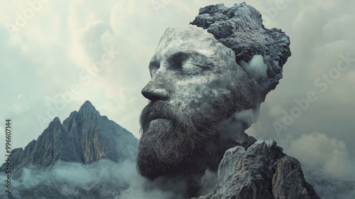 Surreal composition featuring a bearded man s head photo