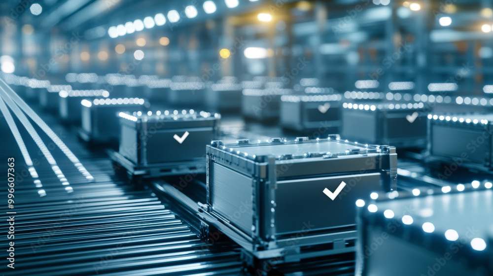 Automated logistic system with multiple conveyor belts transporting boxes marked with checkmarks in a high-tech warehouse setting, illuminated by efficient LED lighting. Automated logistic system with multiple conveyor belts transporting boxes marked with checkmarks in a high-tech warehouse setting, illuminated by efficient LED lighting.