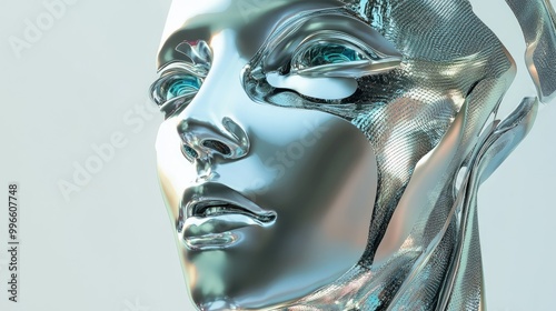 Surreal 3D illustration of a human face crafted from holographic chrome material embodying themes of cyborgs and artificial intelligence photo