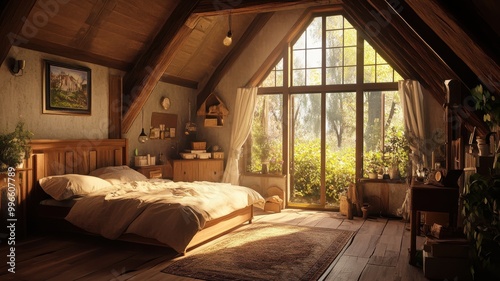 Cozy bedroom interior with wooden furniture and bright window view.