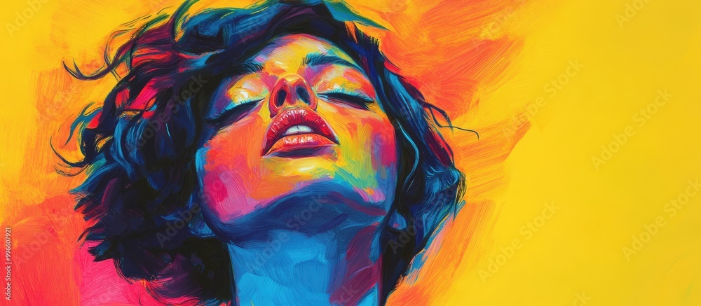Abstract gouache illustration of a woman s face featuring a bob hairstyle in vibrant colors embodying a surrealist style