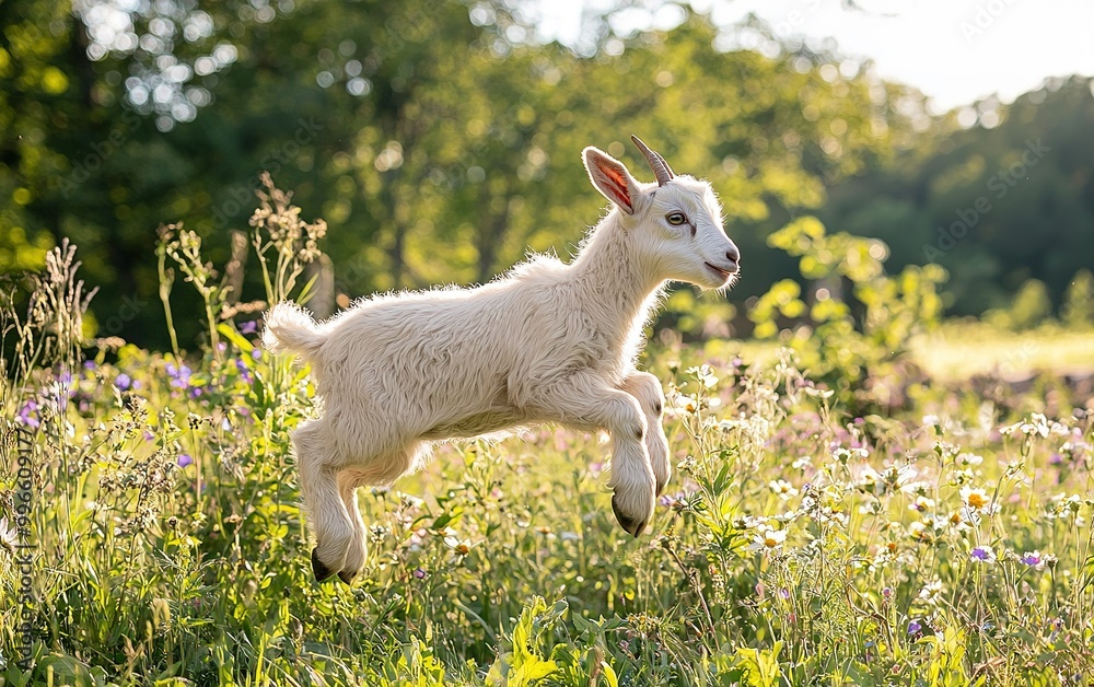 Fototapeta premium A playful young goat hops joyfully through a flower-filled meadow on a sunny day in late spring