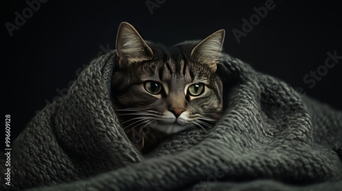 A tabby cat with green eyes is nestled in a cozy blanket against a black background.