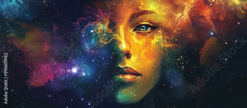 Psychedelic woman with an abstract portrayal featuring a cosmic theme within her visage Modern surreal creative art piece