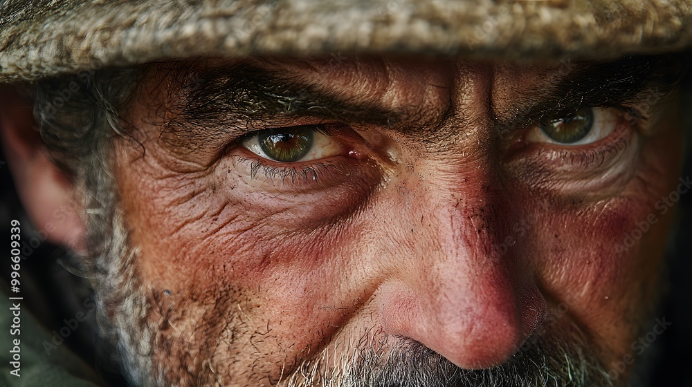 38. A close-up of a fisherman is face, filled with concentration as he fishes 38. A close-up of a fisherman is face, filled with concentration as he fishes