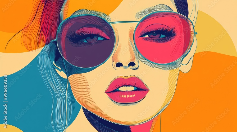 Abstract portrait of a woman in a modern line art style Trendy 2d illustration featuring vibrant colors and a surrealistic approach in print design