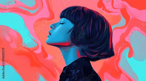 Contemporary abstract art featuring a fashionable young individual with a trendy haircut representing self expression 2d illustration in a surreal artistic style reflecting Gen Z culture and lifest photo