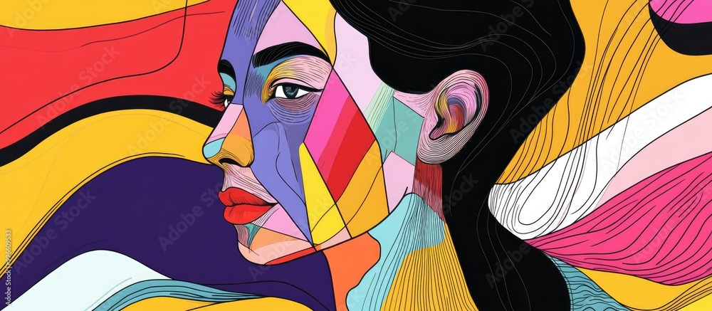 Bohemian woman depicted in a surrealistic style Unique portrait created with a single continuous black line over an abstract background featuring colorful geometric elements Bohemian woman depicted in a surrealistic style Unique portrait created with a single continuous black line over an abstract background featuring colorful geometric elements