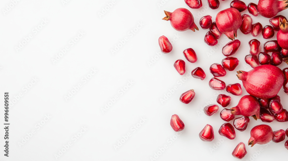 Scattered pomegranates and seeds against a white background create a vibrant and refreshing composition with bright red hues. Scattered pomegranates and seeds against a white background create a vibrant and refreshing composition with bright red hues.