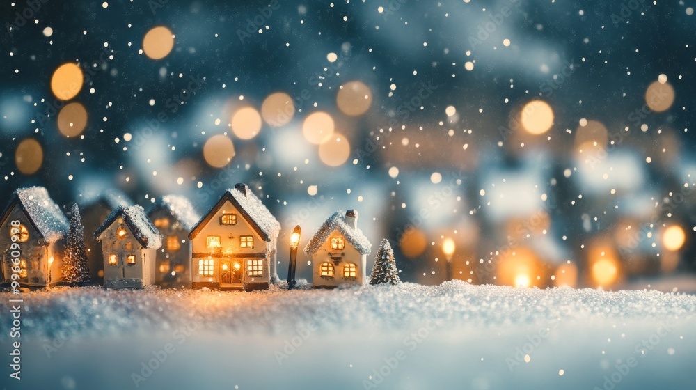 Fototapeta premium An empty scene featuring (a snowy Christmas village with twinkling lights and softly falling snowflakes), creating an ideal product mockup space, 