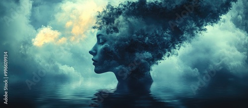 Surreal depiction of a human head surrounded by a dark cloud and water reflection conveying themes of sadness loneliness and depression in a fantastical illustration