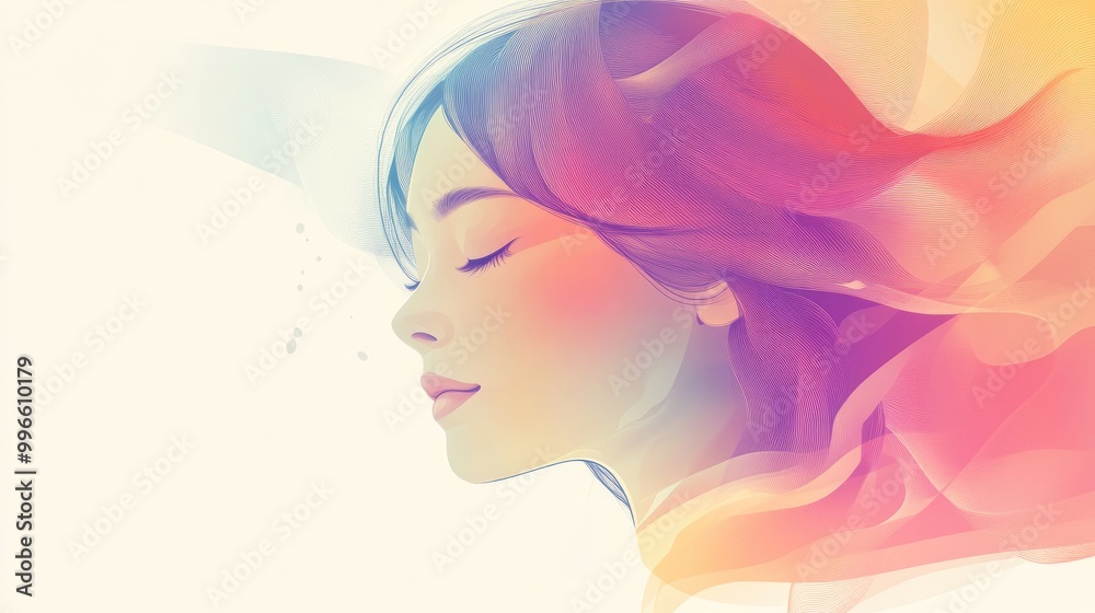 Abstract illustration of a young and beautiful girl depicted in a cute modern style against a white background showcasing a surrealistic design approach Abstract illustration of a young and beautiful girl depicted in a cute modern style against a white background showcasing a surrealistic design approach