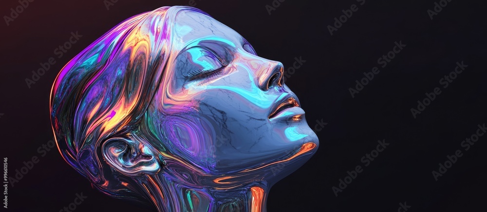 3D rendering of a white marble female head combined with liquid chrome reflecting abstract features against a dark background in vibrant vaporwave colors 3D rendering of a white marble female head combined with liquid chrome reflecting abstract features against a dark background in vibrant vaporwave colors