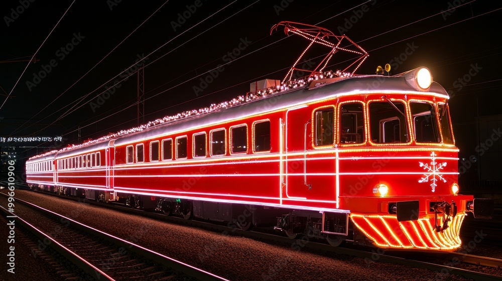 Obraz premium Train illuminated with lights on a dark night background.