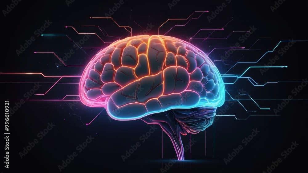 Human brain connected to digital interfaces, glowing neon data streams Human brain connected to digital interfaces, glowing neon data streams