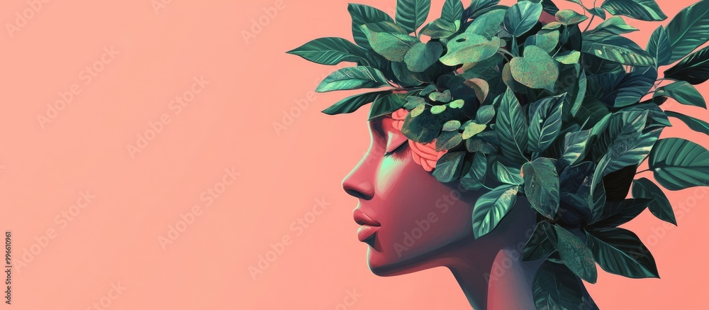 Abstract digital illustration depicting an intertwined form of a human head and houseplants representing environmental concepts Abstract digital illustration depicting an intertwined form of a human head and houseplants representing environmental concepts