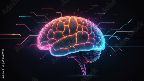 Human brain connected to digital interfaces, glowing neon data streams