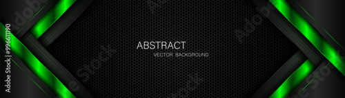 Abstract black and green polygon with green glow lines on dark steel mesh background with free space for design. modern technology innovation concept background	