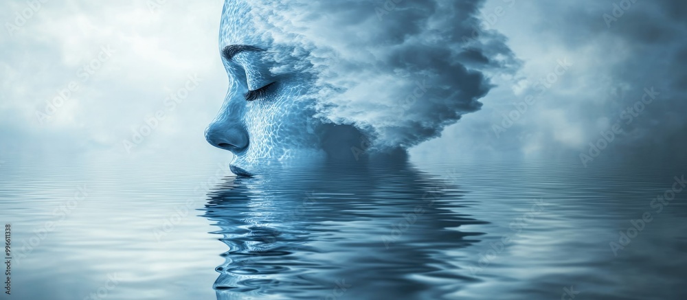 Abstract blue human head reflecting in water representing emotions through a surreal and imaginative illustration Abstract blue human head reflecting in water representing emotions through a surreal and imaginative illustration