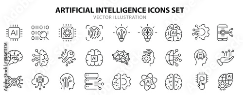 Artificial intelligence set of web icons in line style. AI technology icons for web and mobile app. Machine learning, digital AI technology, algorithm, smart robotic, cloud computing network
