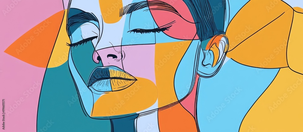 Obraz premium Pastel aesthetic portrait in abstract cubism style featuring a continuous hand drawn doodle 2d illustration Minimalist design ideal for invitations flyers placards and posters