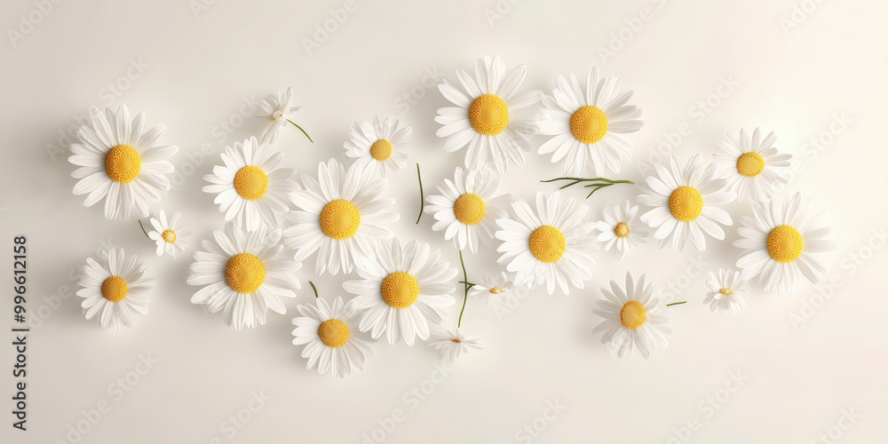 A scattered arrangement of white daisies with yellow centers on a plain, light background. A scattered arrangement of white daisies with yellow centers on a plain, light background.