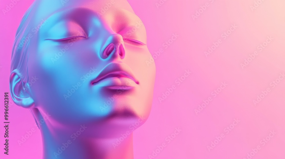 Abstract 3D rendering of a female bust figure featuring a flat anonymous extruded face set against a gradient background in vibrant vaporwave inspired colors Abstract 3D rendering of a female bust figure featuring a flat anonymous extruded face set against a gradient background in vibrant vaporwave inspired colors