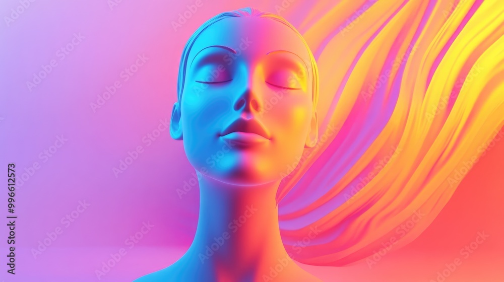 Abstract 3D illustration of a colorful female bust figure with a flat faceless design set against a psychedelic background in vibrant vaporwave hues Abstract 3D illustration of a colorful female bust figure with a flat faceless design set against a psychedelic background in vibrant vaporwave hues