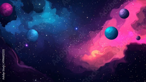 Colorful planets in a vibrant cosmic background, digital art. photo