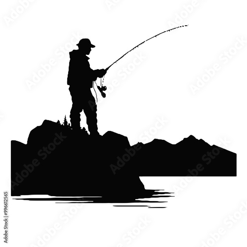 Silhouette of Fisherman by the Water Vector Illustration Transparent Background