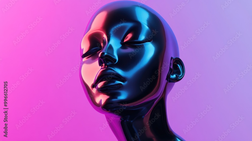 3D rendered abstract sculpture illustration featuring a black matte metal female figure with a flat melting face set against a vaporwave color background 3D rendered abstract sculpture illustration featuring a black matte metal female figure with a flat melting face set against a vaporwave color background